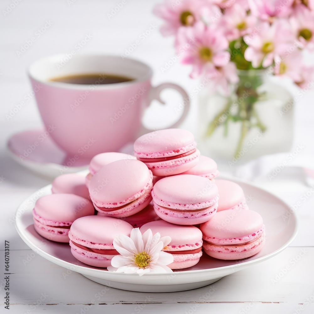 pink macarons. delicious dessert. beautiful still life with flowers. breakfast. bakery. confectionery art pink macarons. delicious dessert. beautiful still life with flowers. breakfast. bakery. confectionery art