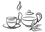 Cup and pot with tea. Illustration of traditional drink.