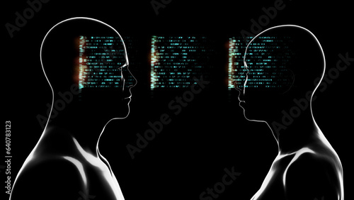 Telepathic communication between 2 people. Profiles of human male, female in telepathic communication.
Transfer of information, consciousness between two people. 3d illustration render photo