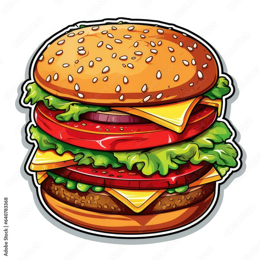 Sticker. Burger. White background. Food. Drawing. For restaurant. Menu. Sticker. Burger. White background. Food. Drawing. For restaurant. Menu.