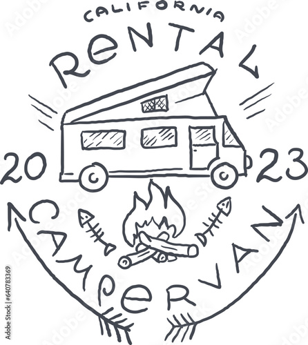 Car Rental Vampervan Vintage Logo Label hand Drawn. Vector