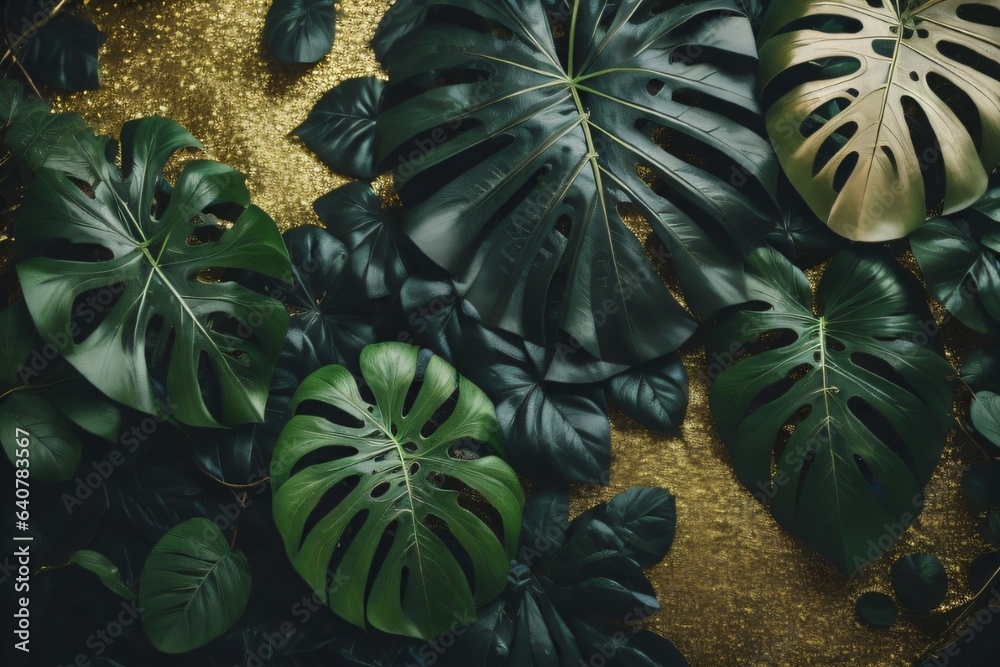 Obraz premium Image presenting a floral arrangement of tropical green leaves from Monstera, fern, and Eucalyptus plants, enhanced with gold glitter particles. Created with generative AI tools