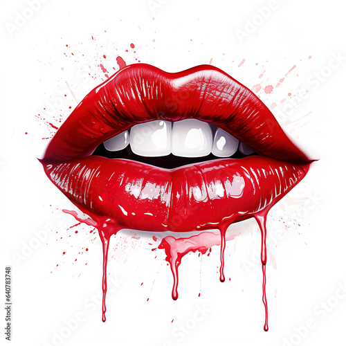 Red sexy wet female lips isolated on white background. Hot lips art on white background, red lipstick. Perfect plump lips red lipstick. Woman's lips, generative ai