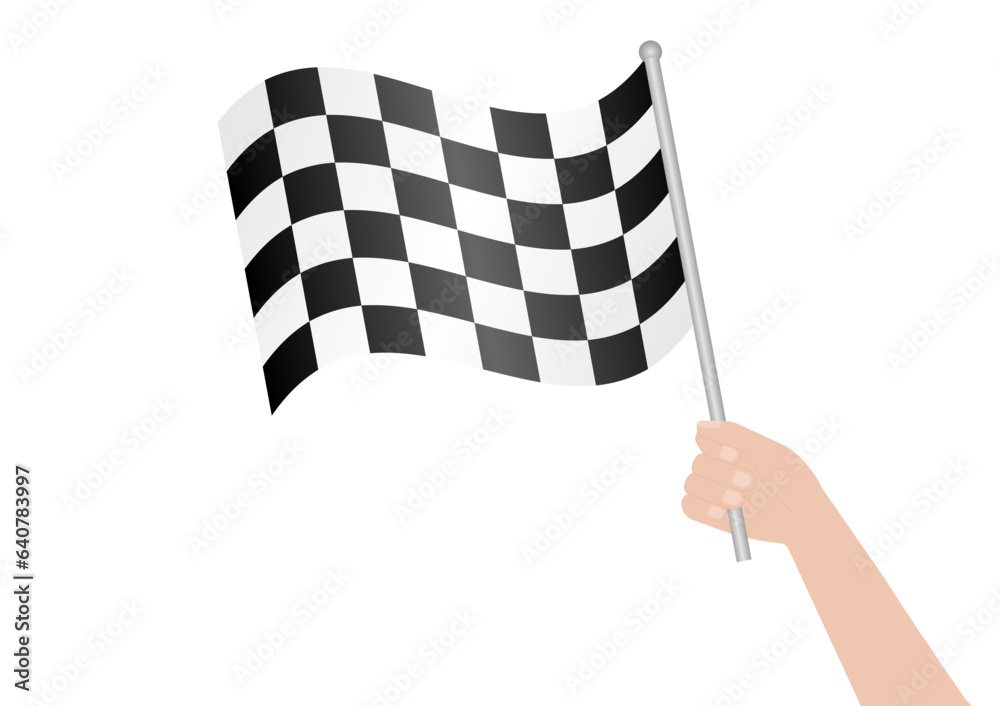 Hand Holding and Waving Checkered  Flag Isolated on White Background. Vector Illustration. 