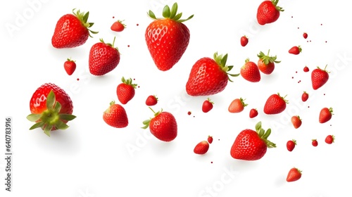 Strawberries flying in the air, selective focus, white background