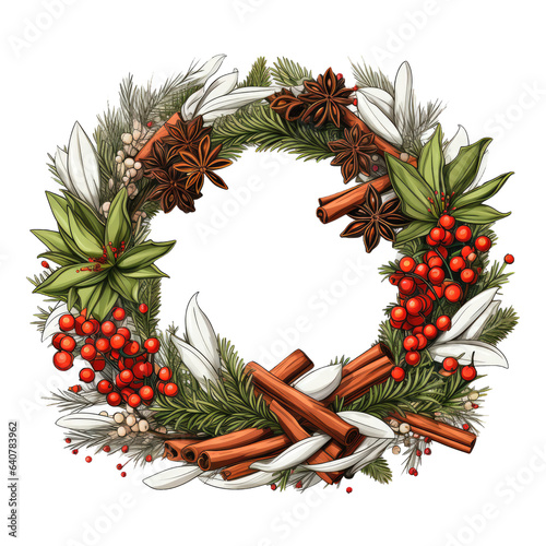 A serene and meditative Christmas Wreath Spice t-shirt design displayed in a tranquil Zen garden, the spices are arranged with utmost precision, Generative Ai