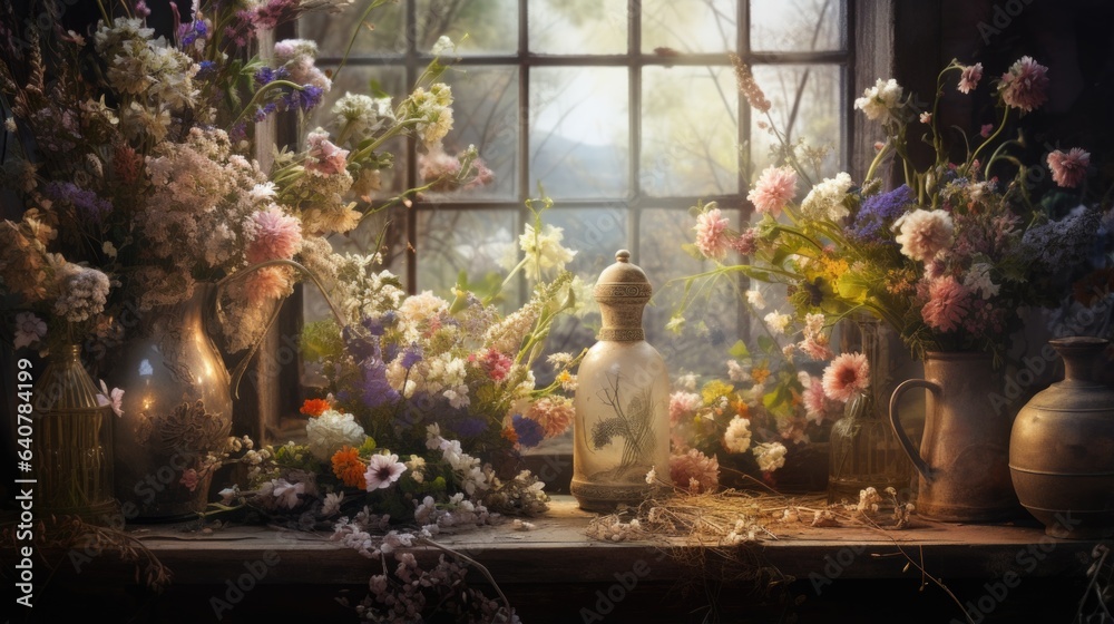 A window sill filled with vases and flowers
