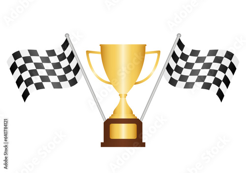 Racing Champion Cup. Golden Trophy Cup and Checkered flag. Champion and Winning Concept. Vector Illustration.