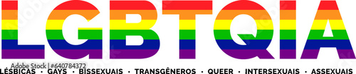 LGBTQIA Text Banner in Portuguese. LGBTQIA Typography with LGBT Pride Flag Colours.