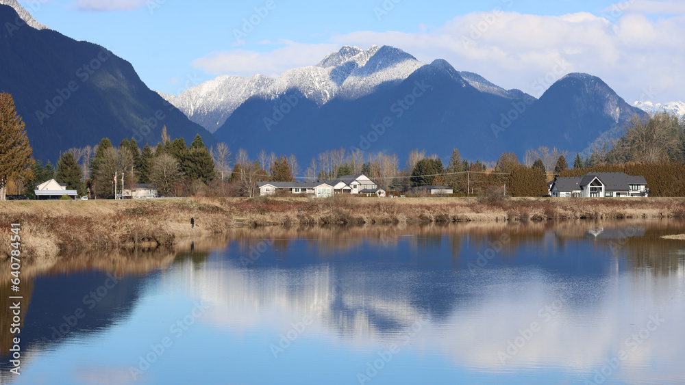 Country scenery with mountains reflected in calm waters