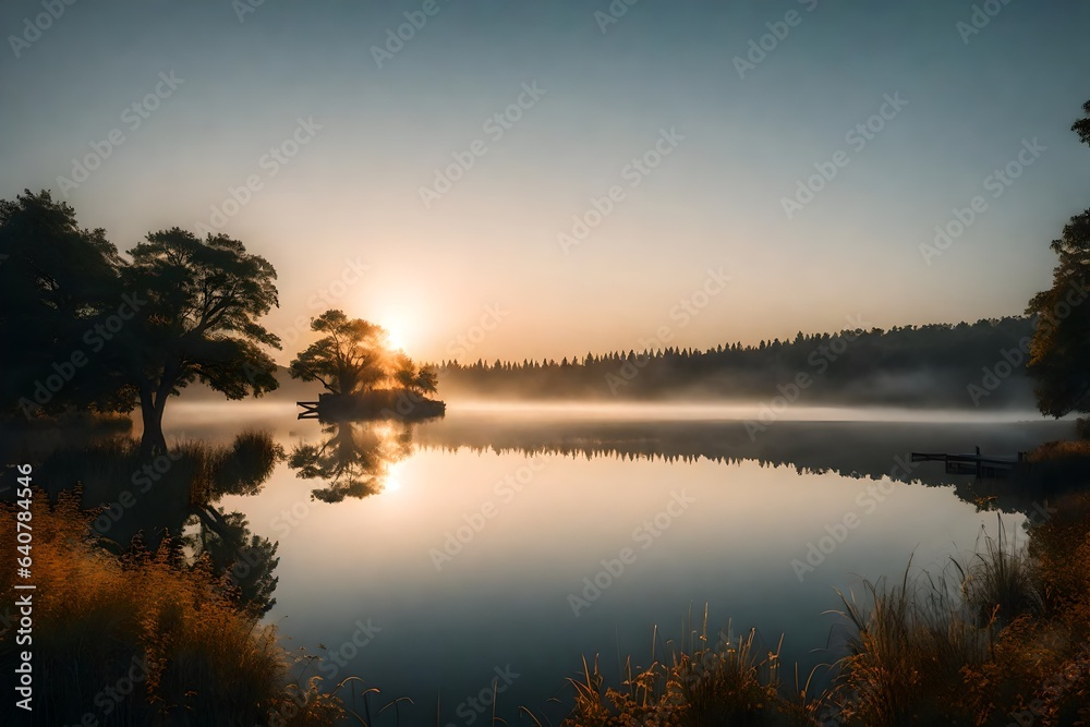 A serene sunrise over a tranquil lake, with mist gently rising from the water's surface.
