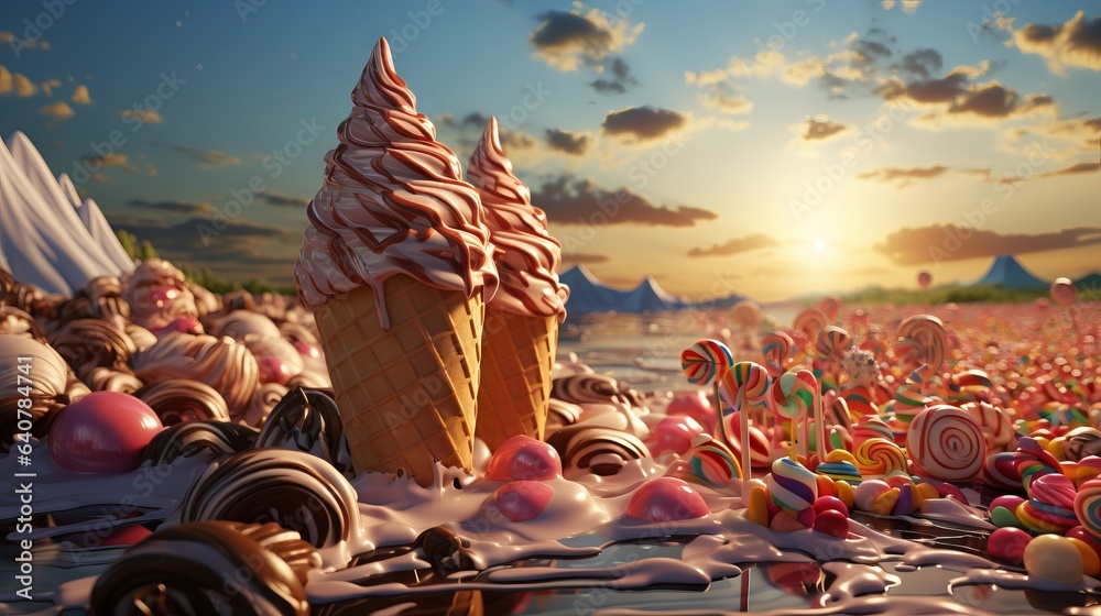 Landscape filled of ice-cream cones, candy and a chocolate river. Made with Generative AI. - obrazy, fototapety, plakaty 