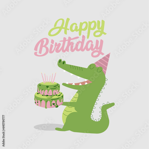 birthday card, happy birthday, 
illustration of a crocodile with a cake 