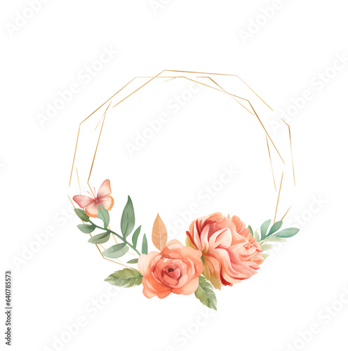 Stylized wreath with flowers and butterfly. Round floral frame for your text