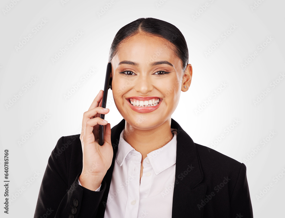 Portrait, business and woman with phone on call for networking, face and digital in studio on white background. Communication, person and smile with smartphone for contact, chat and professional