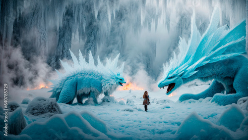 Fantasy illustration with magical creatures like snow fairies and ice dragons in a fairy tale ice forest