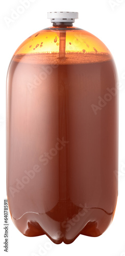 Plastic beer keg with beer isolated. Plastic container for storing and transporting beer in kegs. Equipment for pubs and breweries