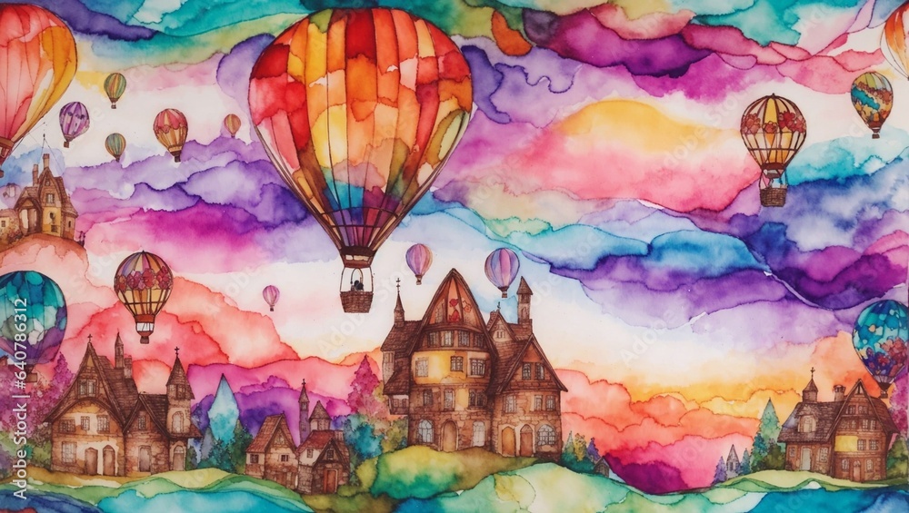 Alcohol ink, hot air balloons dancing in the sky, rainbow colors
