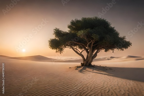 sunset in the desert a joshara tree in the middle of a desert.