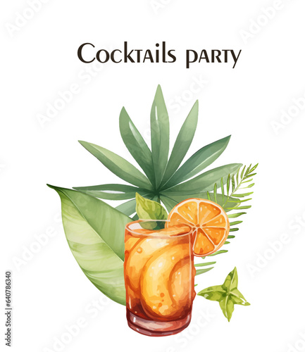 Watercolor background with alcohol drinks. Template design for menu, bar. Vector