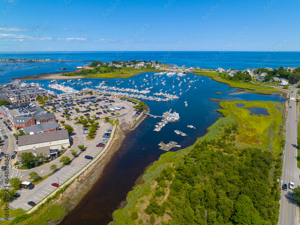 Scituate Harbor aerial view including Bulman Marine and Harbor Marina in town of Scituate, Massachusetts MA, USA. 