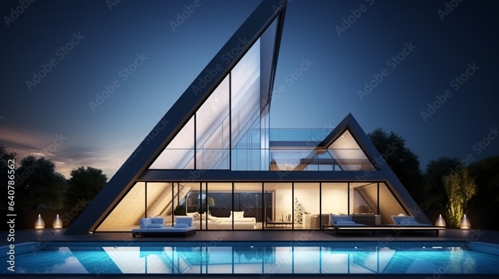 Modern contemporary architecture in triangle shape design. Building exterior. 3D Style.