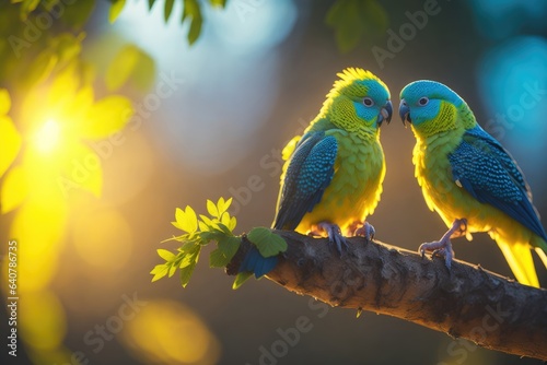 Couple of romantic budgies birds on a branch. ai generative