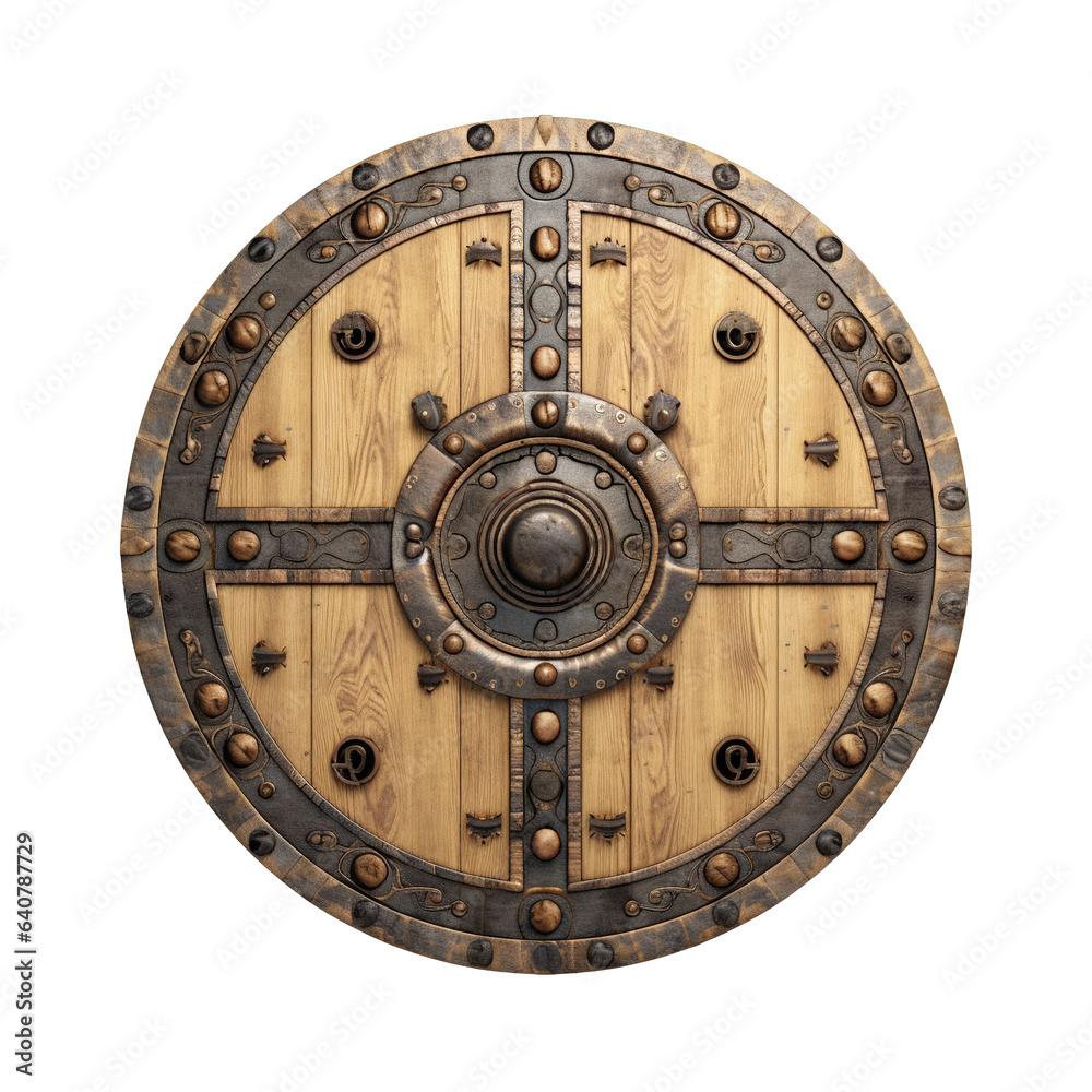 Generative AI, PNG old wooden viking shield, protective sign from mediaeval times
