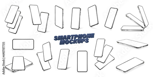Frameless mobile phones with blank screen. Realistic 3D layout for presentation of UI, UX app. Smartphone with blank display, collection of 3d phones from different angles. Vector 3D mockup cellphones