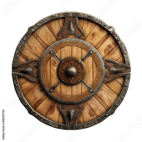 Vászonkép Generative AI, PNG old wooden viking shield, protective sign from mediaeval time