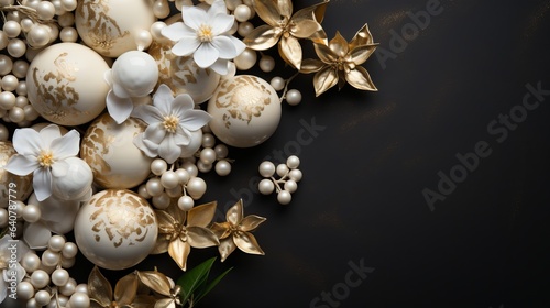 Elegant Christmas decorations for a festive tree of a light shade, decorated with beads and stones. Monochromatic background with copy space, decor for the new year