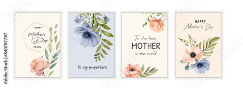 Set of Mother's day greeting cards with watercolor carnation flowers.