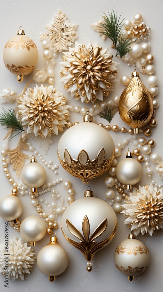 Elegant Christmas decorations for a festive tree of a light shade, decorated with beads and stones. Monochromatic background with copy space, decor for the new year Elegant Christmas decorations for a festive tree of a light shade, decorated with beads and stones. Monochromatic background with copy space, decor for the new year
