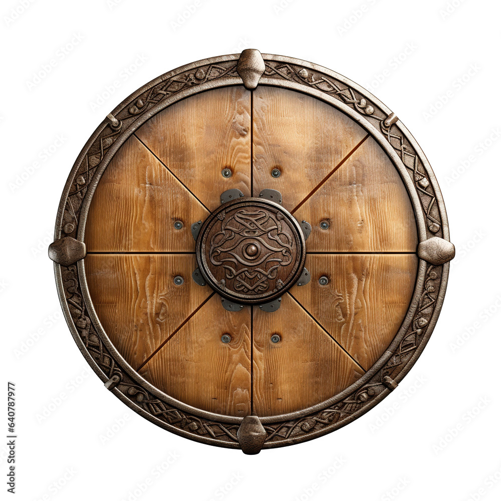 Generative AI, PNG old wooden viking shield, protective sign from mediaeval times - obrazy, fototapety, plakaty 
