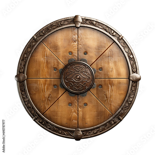 Generative AI, PNG old wooden viking shield, protective sign from mediaeval times photo