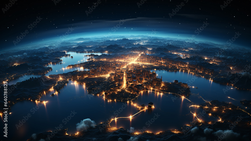 Nighttime Radiance: From space, a stunning HD satellite image unveils the Earth at night, with the brilliance of city lights - obrazy, fototapety, plakaty 
