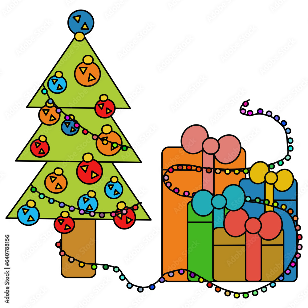 Decorated Christmas tree with lights and balls next to a pile of colourful gifts