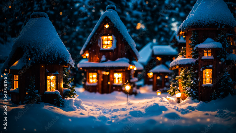 Fairy house in snowy forest, night