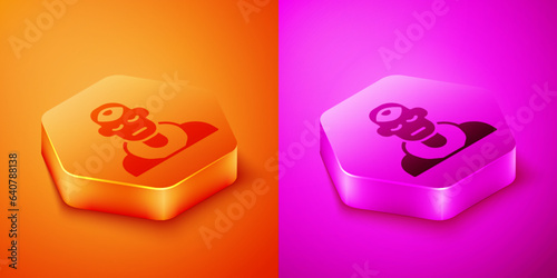 Isometric Wizard warlock icon isolated on orange and pink background. Hexagon button. Vector