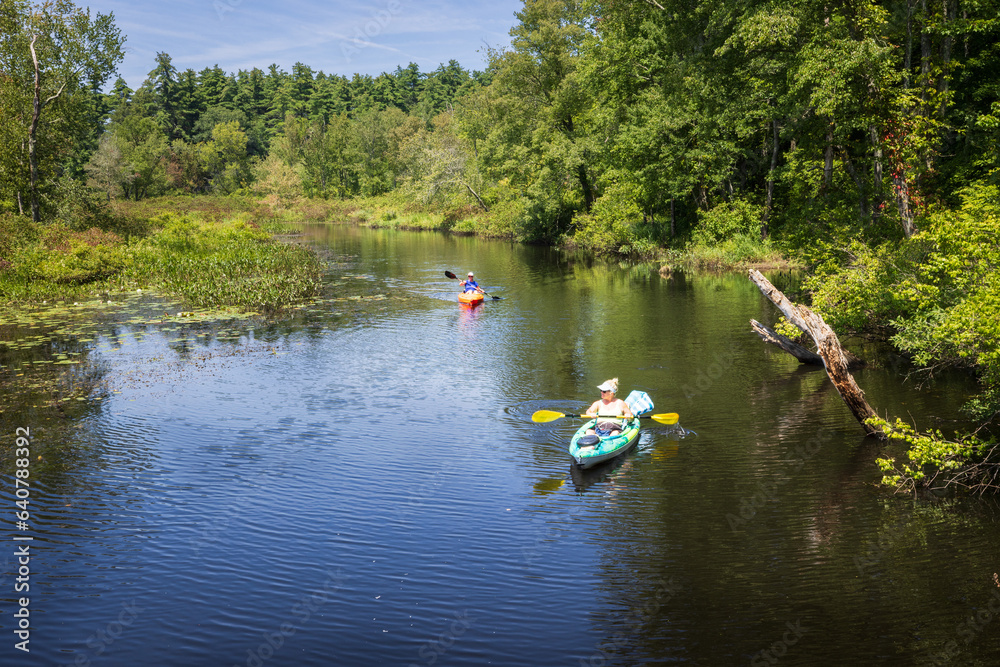 Kayaking on the Bantam River in the White Memorial Foundation nature preserve, Litchfield, Connecticut. 