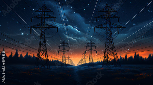 Against the canvas of a starry night sky, electricity transmission towers, crowned with wires, stand tall, capturing the enchanting essence of energy infrastructure.