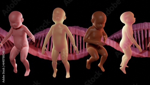 Babies with DNA strands in background.  Diverse human infants of different colors with DNA molecules behind them. Designer babies. Genetically modified babies. GMO babies. 3d illustration render