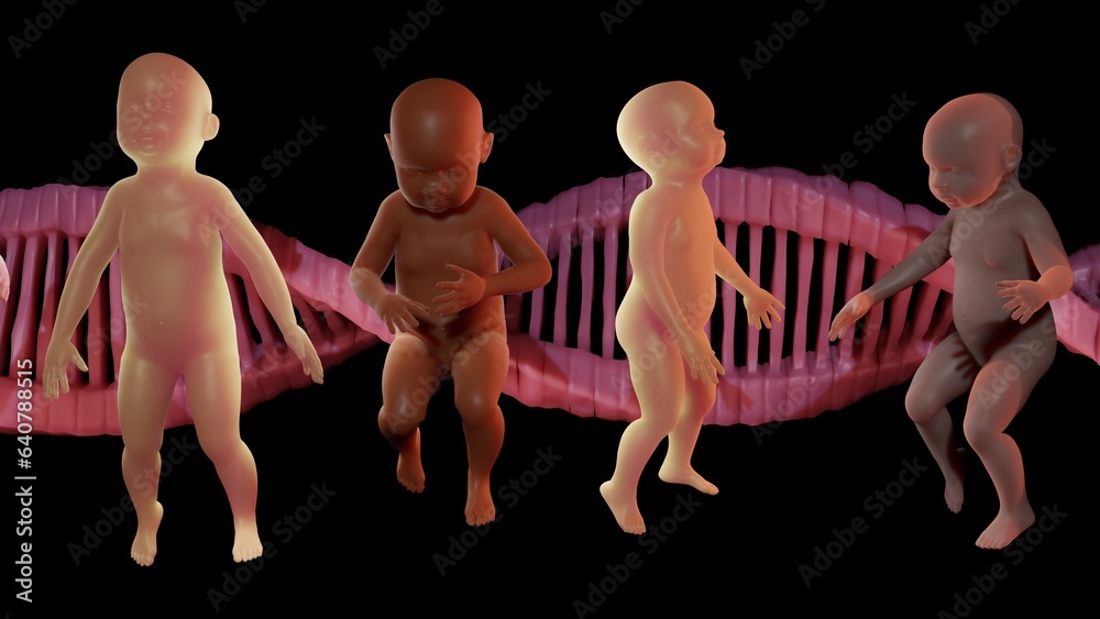 Babies with DNA strands in background. Diverse human infants of ...