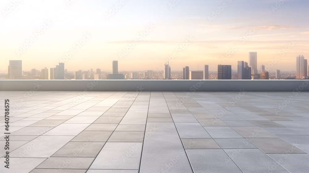 The dawn paints the sky behind a modern city building, while the foreground boasts an empty 3D-style cement floor with steel pavement. The dawn paints the sky behind a modern city building, while the foreground boasts an empty 3D-style cement floor with steel pavement.
