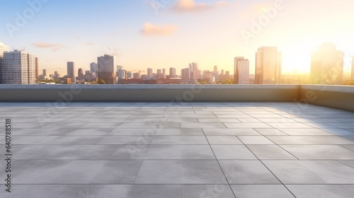 The dawn paints the sky behind a modern city building, while the foreground boasts an empty 3D-style cement floor with steel pavement. © ckybe
