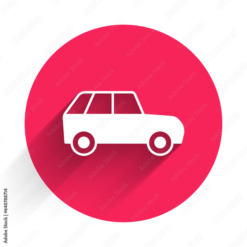 White Car icon isolated with long shadow background. Red circle button. Vector