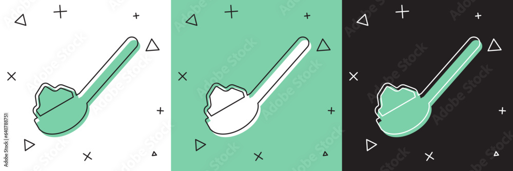 Set Spoon with sugar icon isolated on white and green, black background. Teaspoon for tea or coffee. Vector Set Spoon with sugar icon isolated on white and green, black background. Teaspoon for tea or coffee. Vector