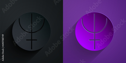 Paper cut Neptune planet symbol icon isolated on black on purple background. Astrology, numerology, horoscope, astronomy. Paper art style. Vector