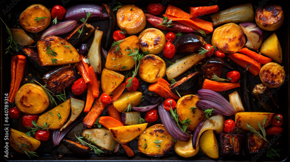 Colorful autumn veggies, seen from above..