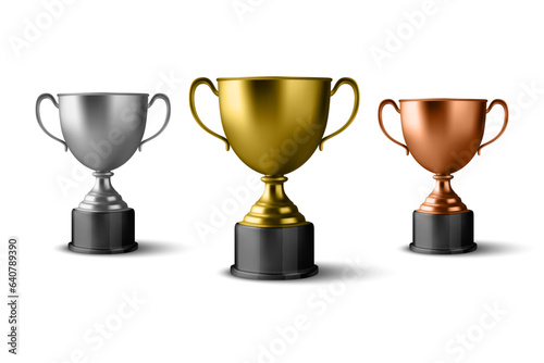 Realistic Vector 3d Blank Golden, Silver, Bronze Champion Cup Icon Set Closeup Isolated on White. Design Template of Championship Trophy. Sport Tournament Award, Winner Cup and Victory Concept